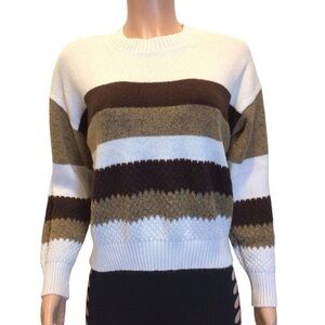 Sienna Sage Women’s Sweater Size M Brown White Green Striped Textured Knit Cozy